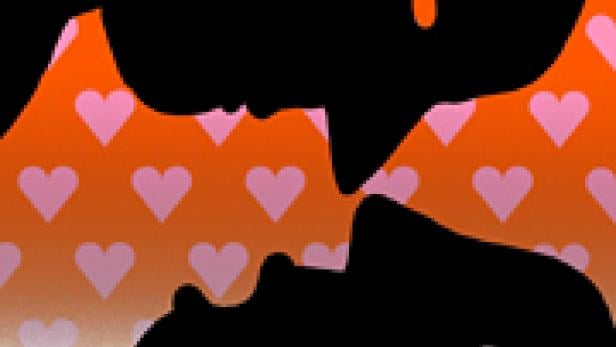 Die Silhouetten zweier sich küssender Personen vor einem Hintergrund mit Herzen.