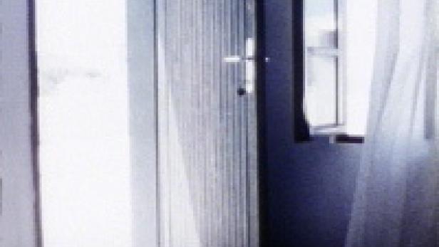 Eine offene Tür mit Blick nach draußen und ein Fenster mit wehenden Vorhängen.