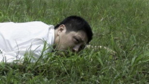 Ein Mann liegt im Gras und scheint etwas zu suchen.