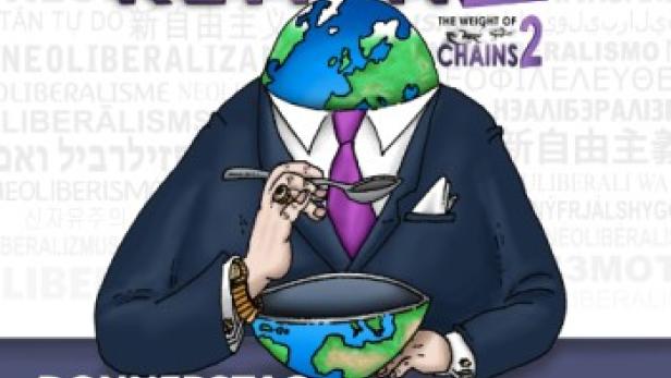 Ein animiertes Filmplakat für „Das Gewicht der Ketten 2“ mit einem Mann, der aus einer Erdschüssel isst.