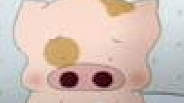 Ein Cartoon-Schwein mit braunen Flecken und geschlossenen Augen.