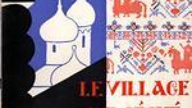Ein Filmposter für „Le Village du Péché“ mit einer russischen Kirche und traditionellen Motiven.