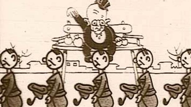 Eine Szene aus einem alten Zeichentrickfilm mit marschierenden Figuren und einer sitzenden Person.