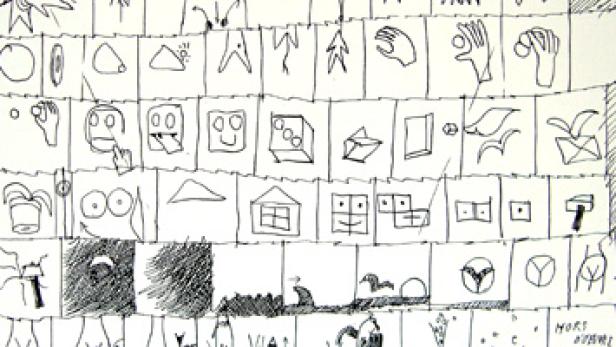 Eine Zeichnung mit vielen kleinen, skizzenhaften Symbolen und Figuren auf einem Blatt Papier.