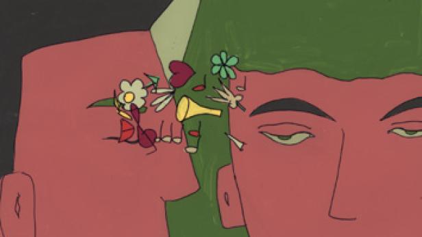 Eine stilisierte Darstellung von zwei Gesichtern, aus dem Mund des einen kommen Blumen und Symbole.