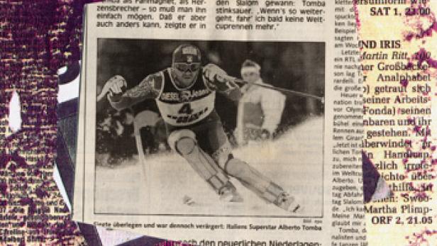 Alberto Tomba, ein italienischer Skirennläufer, fährt einen Slalomlauf herunter.
