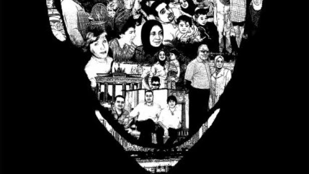 Das Filmplakat für „Mein Vater, mein Onkel“ zeigt eine Collage aus Familienfotos in einer Gesichtssilhouette.