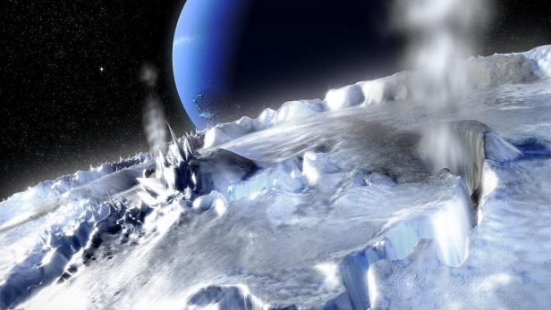 Eine eisige Landschaft mit einem blauen Planeten und aufsteigendem Dampf im Hintergrund.
