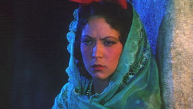 Eine Frau mit einem grünen Tuch und einer roten Blume im Haar blickt ernst.