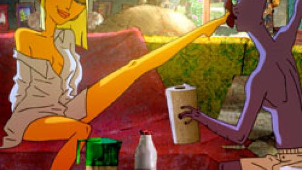 Eine stilisierte Zeichentrickdarstellung eines Paares, das sich in einem Wohnzimmer entspannt.