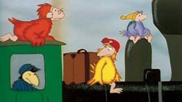 Figuren aus der Augsburger Puppenkiste sitzen auf einem Zug.