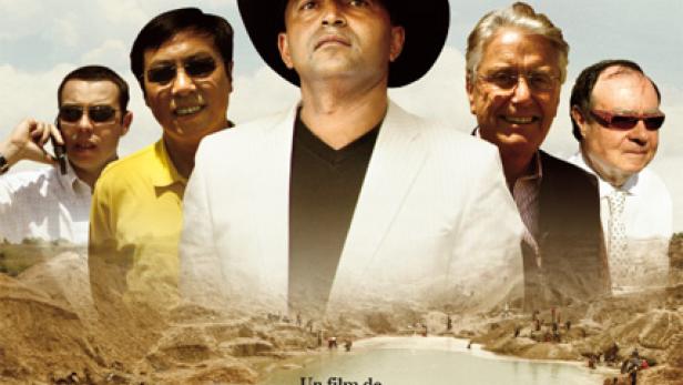 Das Filmplakat für „Katanga Business“ zeigt mehrere Männer vor einer Landschaft in Katanga.