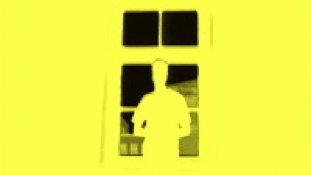 Eine gelbe Silhouette einer Person, die aus einem Fenster schaut.