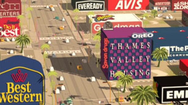 Eine belebte Stadtlandschaft mit einer Vielzahl von Werbetafeln bekannter Marken wie Best Western, Oreo und Blockbuster.