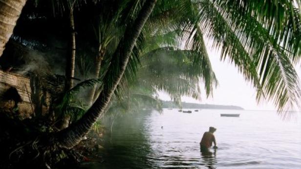 Eine Person steht im Wasser unter Palmen an einem tropischen Strand.