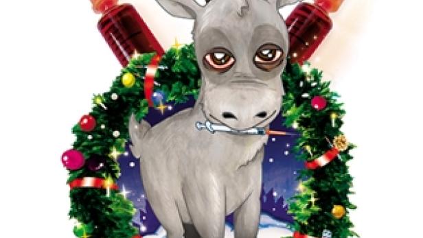 Das Filmplakat für „Reindeer Spotting: Pako Joulumaasta“ zeigt ein trauriges Rentier mit Spritzen.