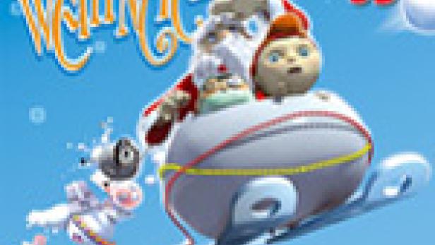 Ein animiertes Bild von Weihnachtsmann und einem Kind in einem raketenartigen Schlitten über einer verschneiten Stadt.