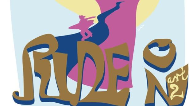 Das Filmplakat für „Ride On Art 2“ zeigt eine stilisierte Peace-Geste und einen Surfer.