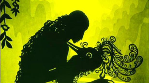 Eine stilisierte Silhouette zeigt eine Frau, die einen Vogel mit üppigem Kopfschmuck berührt.
