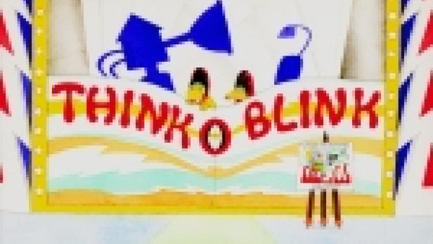 Ein Cartoon mit der Aufschrift „Think O Blink“ und einer Figur, die durch ein Loch schaut.