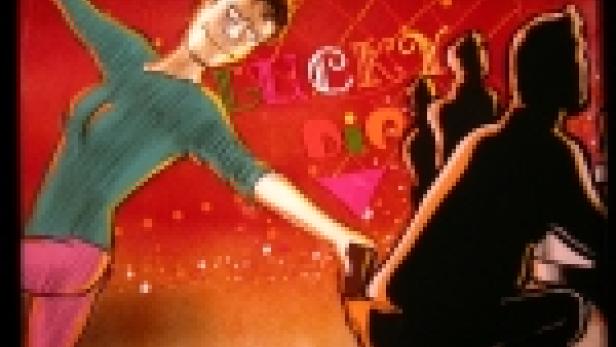 Eine stilisierte Darstellung einer Frau vor einer belebten Bar oder einem Club.