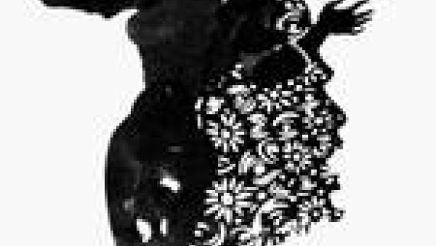 Eine stilisierte Silhouette einer Frau in einem verzierten Kleid und Schleier.
