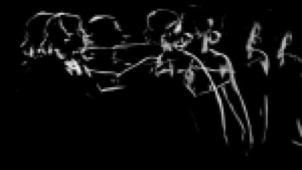 Eine stilisierte Darstellung einer Gruppe von Menschen in einer dunklen Umgebung.