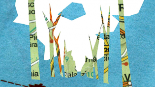 Eine stilisierte Darstellung von Bäumen und einem Boot auf einer Karte.