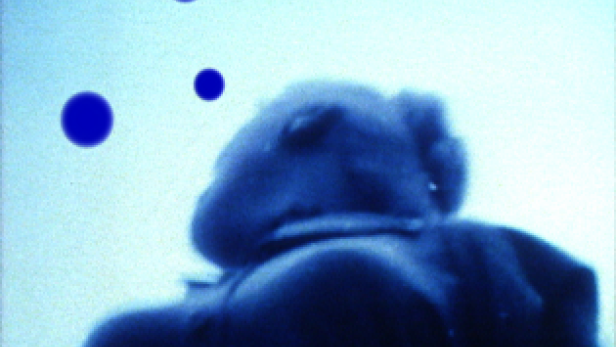 Eine Person blickt in den Himmel, wo blaue Kreise zu sehen sind.