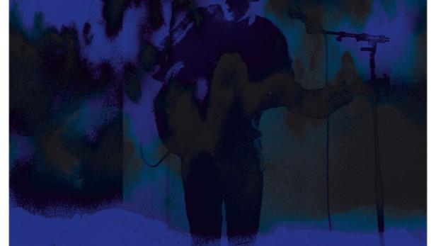 Das Filmplakat für „Utopia Ltd.“ zeigt einen Musiker im blauen Licht.