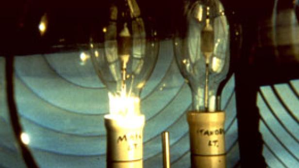 Zwei Glühbirnen mit Aufschriften stehen nebeneinander.