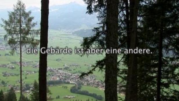 Blick durch Bäume auf eine grüne Landschaft mit einem Dorf.