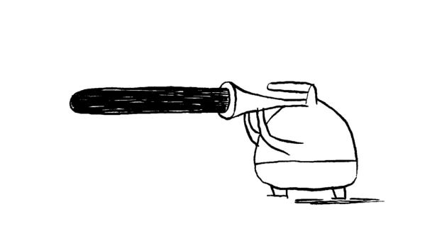 Eine stilisierte Figur zielt mit einem Trichter, aus dem eine schwarze Röhre kommt.