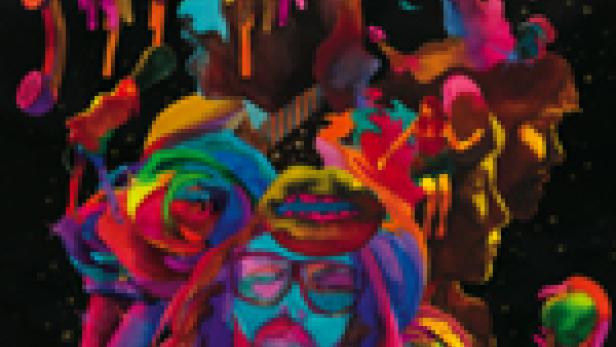 Ein farbenfrohes, psychedelisches Porträt mit verschiedenen Gesichtern und Symbolen auf schwarzem Hintergrund.