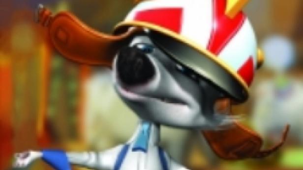 Ein Cartoon-Hund mit einem rot-weiß gestreiften Hut und braunen Ohren steht da.