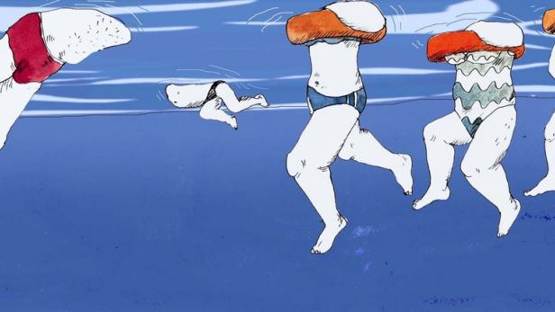Mehrere Comicfiguren mit Schwimmreifen schwimmen im blauen Wasser.