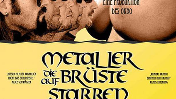 Das Filmplakat zu „Metaller auf Brüste starren“ zeigt vier Männer und eine nackte Frau.