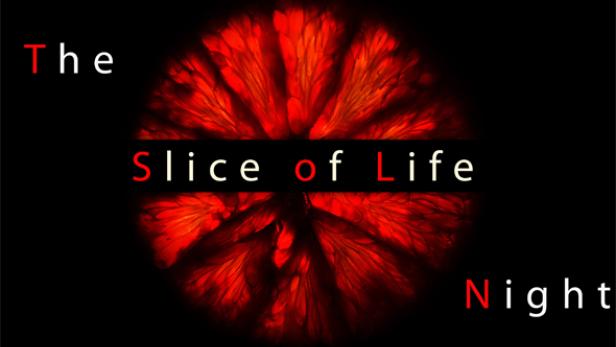 Das Titelbild von „The Slice of Life Night“ zeigt eine rote, blütenartige Form auf schwarzem Hintergrund.