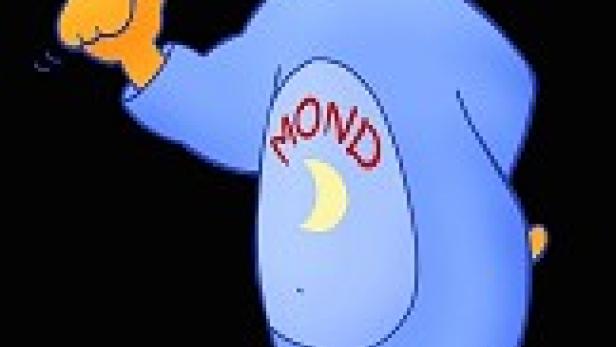 Ein Cartoon-Bär im Schlafanzug mit dem Wort „Mond“ und einem Halbmond darauf.