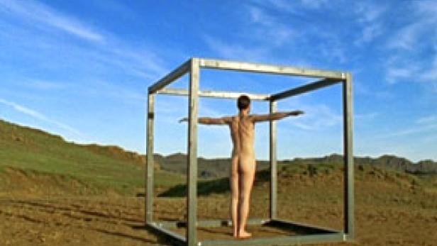 Eine nackte Person steht mit ausgestreckten Armen in einem Metallrahmen in einer weiten Landschaft.
