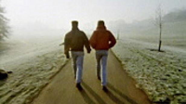 Zwei Männer gehen Hand in Hand auf einem Weg in einem Park.