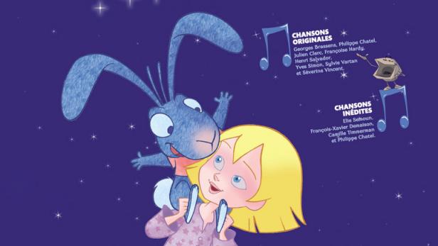 Das Filmplakat für „Émilie Jolie“ zeigt Émilie mit einem blauen Hasen und einem Igel vor einem sternenklaren Himmel.