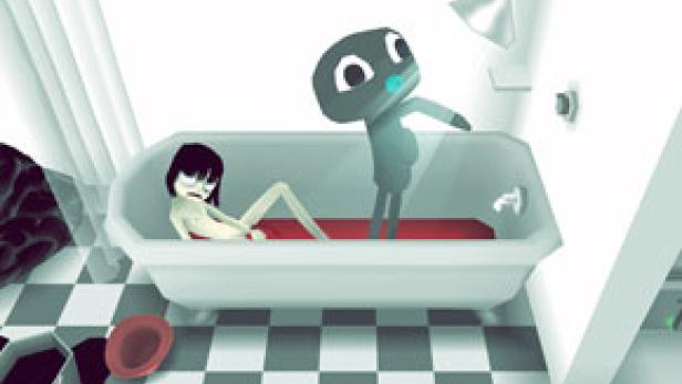 Eine stilisierte Szene zeigt eine Frau in einer Badewanne und eine kleine graue Figur im Badezimmer.