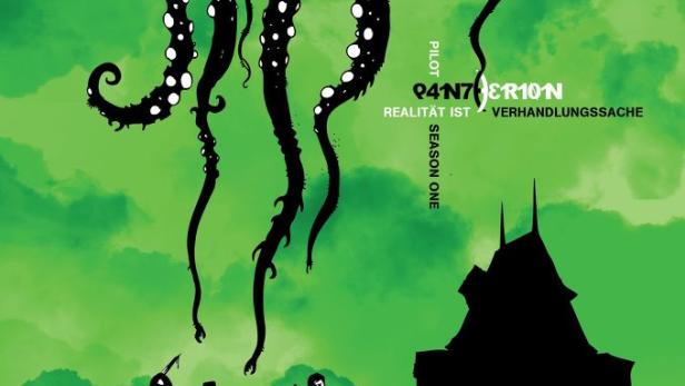 Ein stilisierter Filmposter mit Tentakeln, einer Gruppe von Leuten und einem Haus im Schattenriss vor grünem Hintergrund.