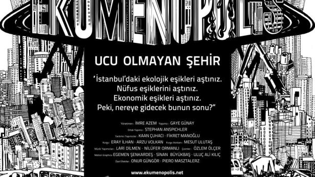 Ein schwarz-weißes Filmplakat für „Ekumenopolis“, das eine überfüllte Stadtlandschaft zeigt.
