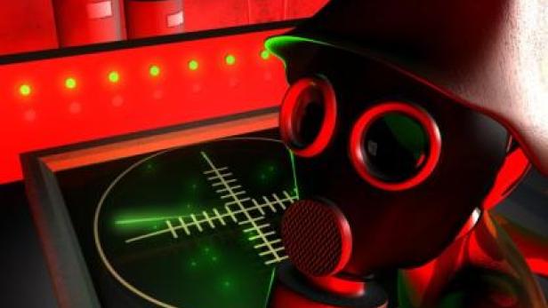 Eine Person mit Gasmaske steht vor einer Konsole mit einem Radarschirm.