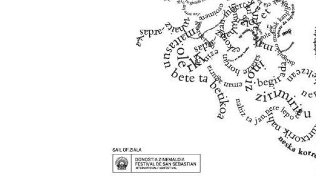 Das Filmplakat für „Bertsolari“ zeigt eine Silhouette auf einem Meer aus Wörtern.