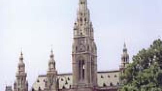Das Wiener Rathaus mit seinem markanten Turm, umgeben von Bäumen.