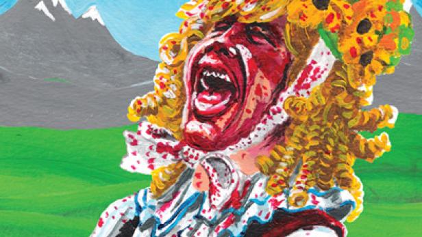Das Filmplakat zu „Blut und Loden am Atzenpass“ zeigt eine schreiende, blutverschmierte Person in Tracht.