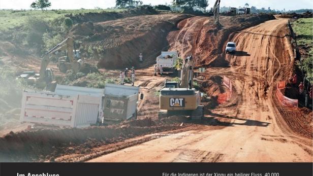 Plakat für „Count-Down am Xingu II“ mit einer Baustelle am Rio Xingu im Hintergrund.